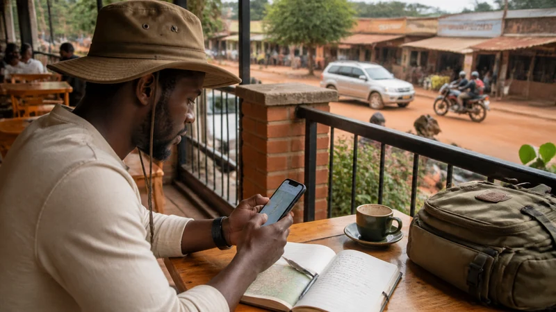 Traveller checking travel apps on a smartphone in Uganda.