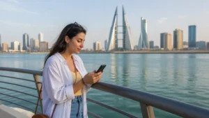 Traveller using a smartphone in Bahrain for best esim bahrain travel