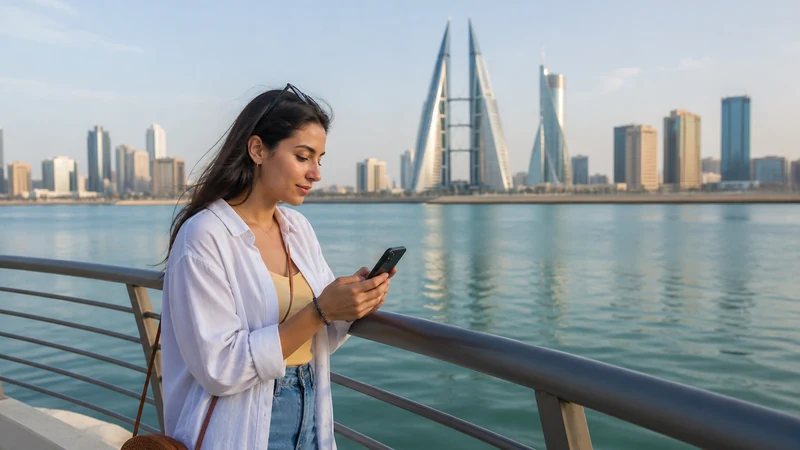 Traveller using a smartphone in Bahrain for best esim bahrain travel