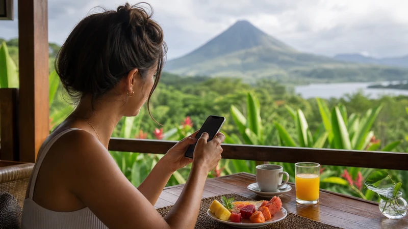 Traveller using a smartphone in Costa Rica for how to choose the right esim for costa rica