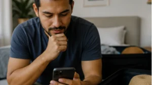 Traveller using a smartphone in El Salvador while researching best esim for travel in el salvador: what to compare