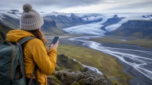 Traveller using a smartphone in Iceland