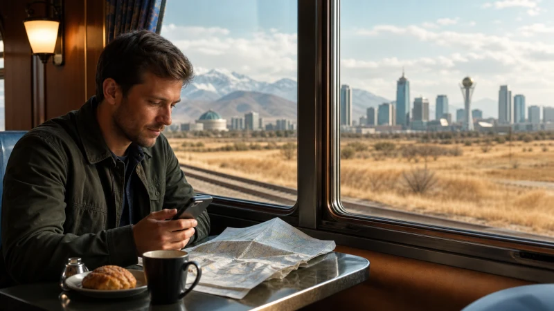 Traveller planning a Kazakhstan route from a railway café.