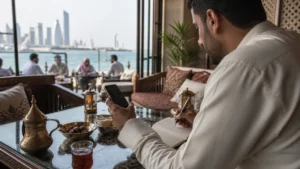 Traveller using a smartphone in a Kuwait setting related to how to choose the right esim for a kuwait trip