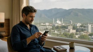 Traveller comparing eSIM options overlooking Islamabad