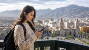 Traveller using a smartphone in Peru for best esim peru travel