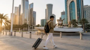Traveller using a smartphone in central Doha