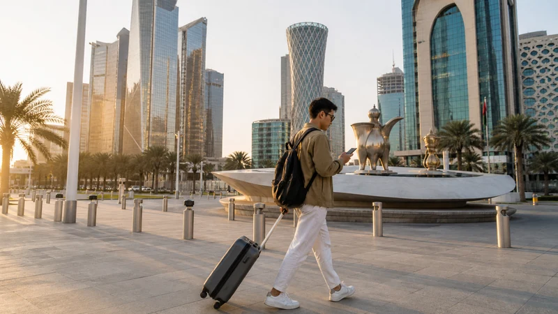 Traveller using a smartphone in central Doha