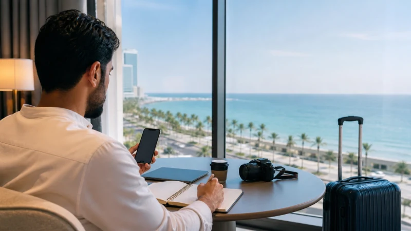 Traveller choosing mobile data for a Saudi itinerary from a Jeddah hotel.