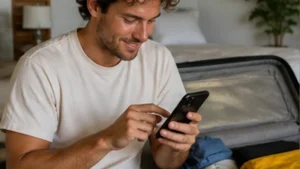 Traveller using a smartphone in Seychelles while comparing eSIM options