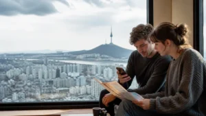 Traveller comparing eSIM options overlooking Seoul