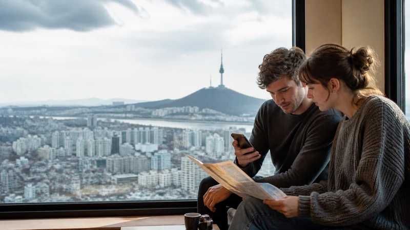 Traveller comparing eSIM options overlooking Seoul