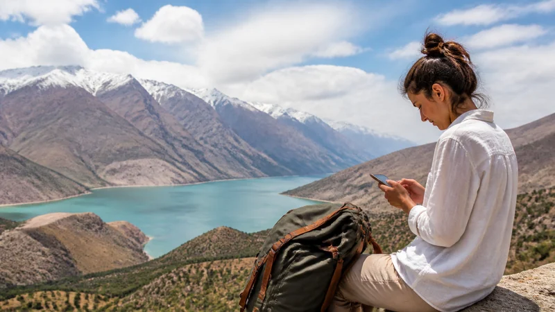 Traveller using a smartphone for best esim for tajikistan travel: how to choose
