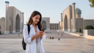 Traveller using a smartphone at the Registan in Samarkand