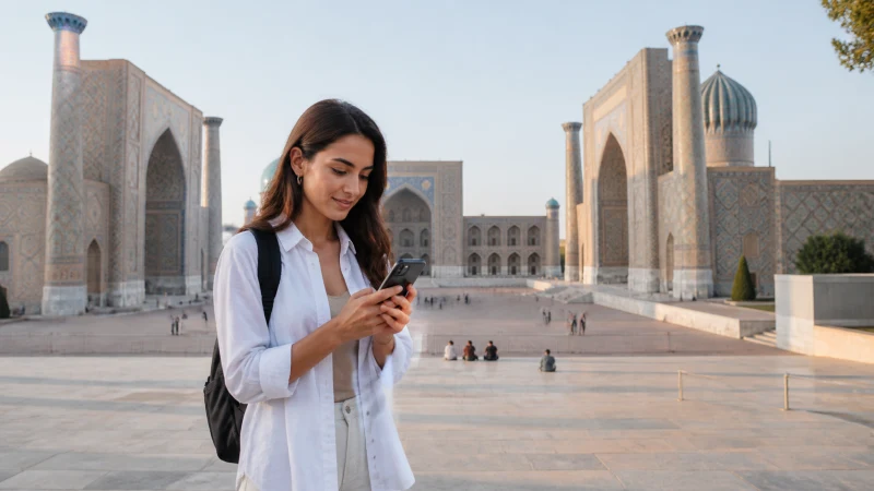 Traveller using a smartphone at the Registan in Samarkand