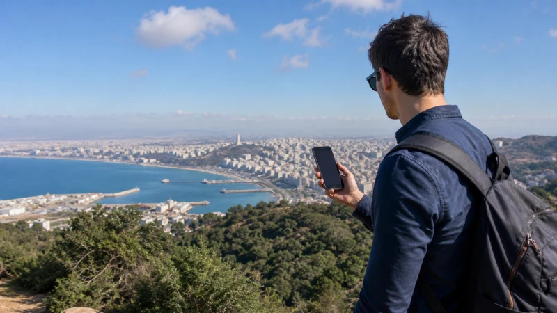 Traveller comparing mobile network coverage on a smartphone in Algeria