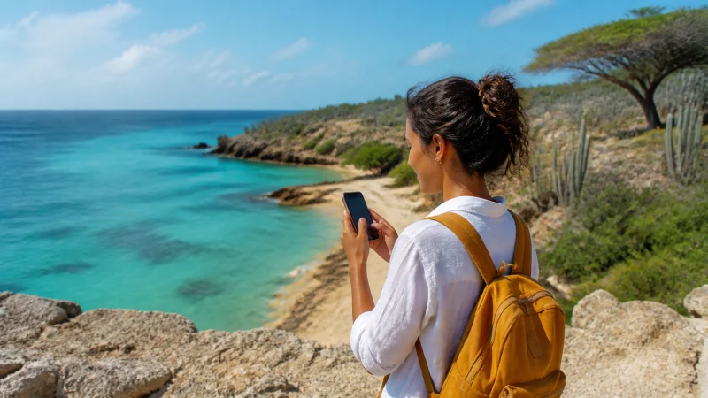 Tourist checking network coverage at a scenic Aruba viewpoint