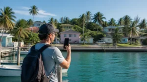 Traveller checking mobile signal in a Bahamas Out Island settlement