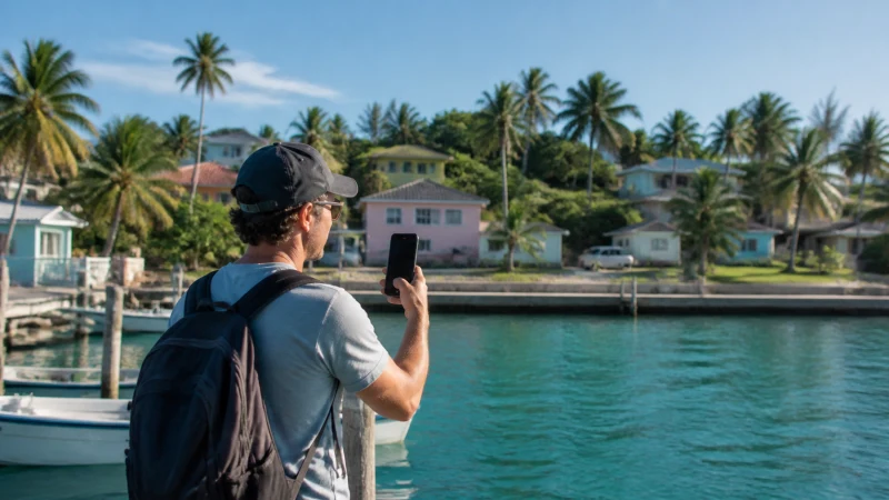 Traveller checking mobile signal in a Bahamas Out Island settlement