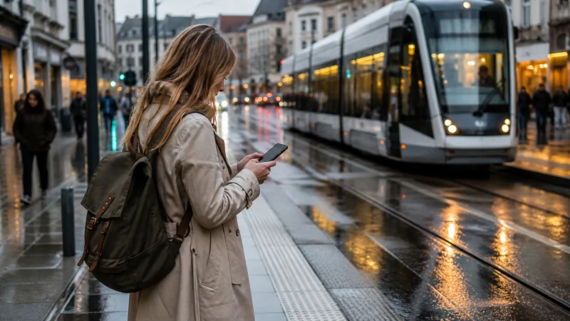Traveller using a smartphone during a trip in Belgium