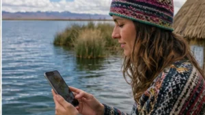 Traveller using a smartphone in Bolivia while researching which mobile network is best for travellers in bolivia?