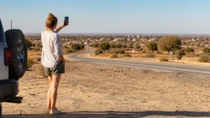 Traveller checking signal beside an open Botswana highway.