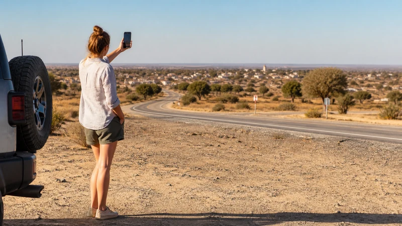 Traveller checking signal beside an open Botswana highway.