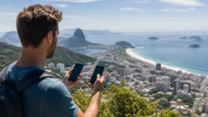 Traveller using a smartphone in Brazil for best network brazil tourists