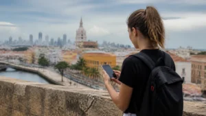 Traveller using a smartphone in Colombia for choosing a mobile network for your colombia itinerary