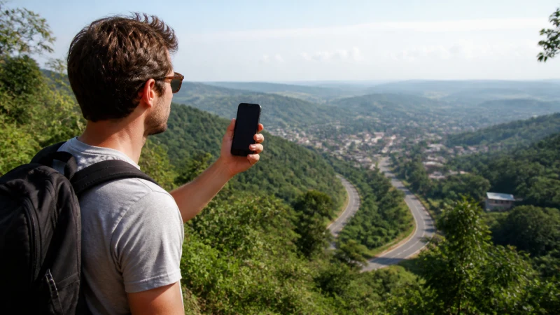 Traveller checking mobile signal from a Ghana hillside viewpoint