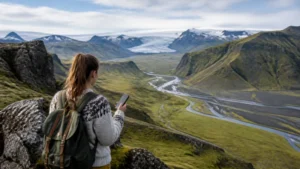 Traveller using a smartphone in Iceland