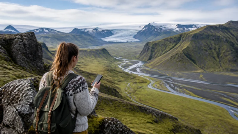 Traveller using a smartphone in Iceland