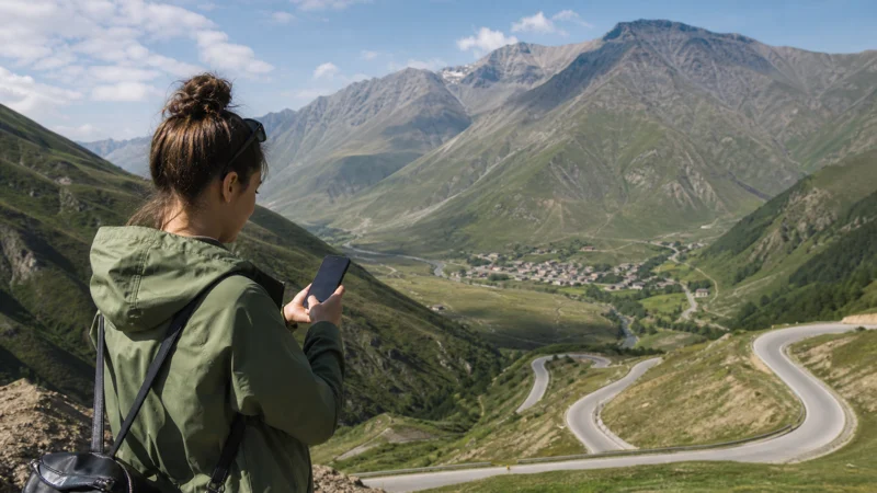 Traveller using a smartphone beside a Caucasus mountain road in Georgia