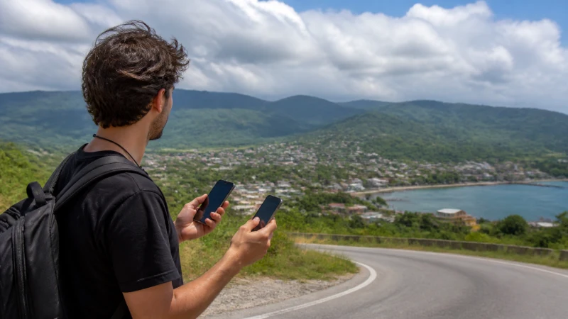 Traveller using a smartphone in Jamaica while choosing a network for a Jamaica trip