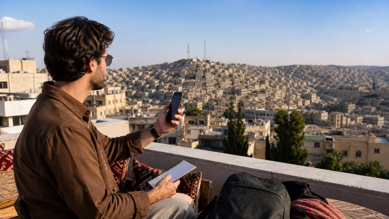Traveller using a smartphone in Jordan for best mobile network in jordan for tourists