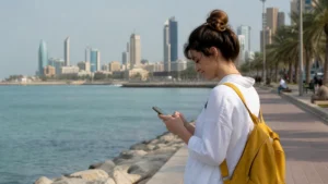 Traveller using a smartphone in a Kuwait setting related to choosing a mobile network for your kuwait trip