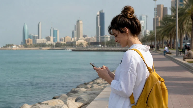 Traveller using a smartphone in a Kuwait setting related to choosing a mobile network for your kuwait trip