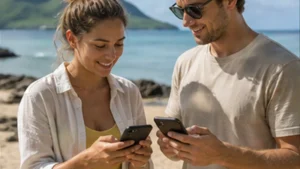 Traveller using a smartphone in Mauritius while researching which mobile network is best for travellers in mauritius?
