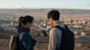 Traveller using a smartphone in Mongolia for best network mongolia tourists