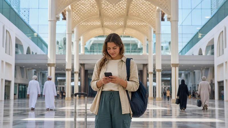 Traveller using a smartphone during network comparison in a Muscat transport hub