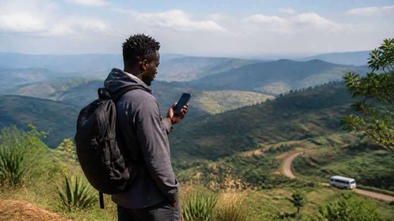 Traveller checking mobile signal from a Rwanda hillside viewpoint
