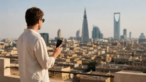 Traveller checking network coverage from a Riyadh terrace.