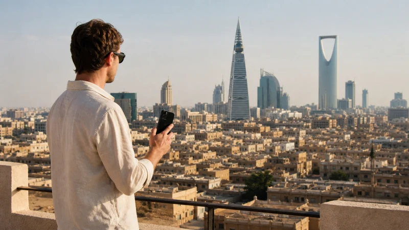 Traveller checking network coverage from a Riyadh terrace.