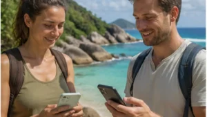Traveller comparing mobile networks on a smartphone in Seychelles
