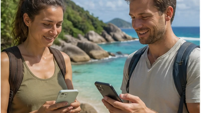Traveller comparing mobile networks on a smartphone in Seychelles