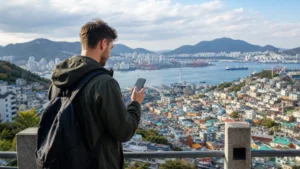 Traveller comparing mobile networks from a Busan viewpoint