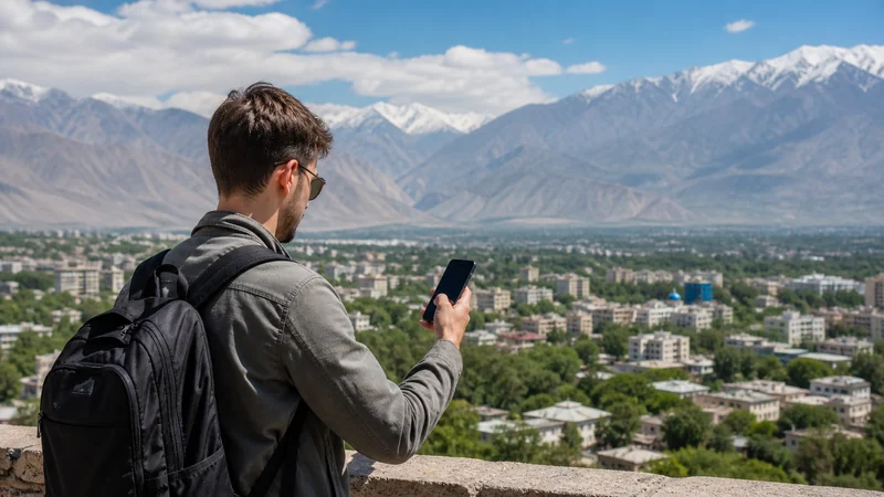 Traveller checking phone reception above a Tajik city