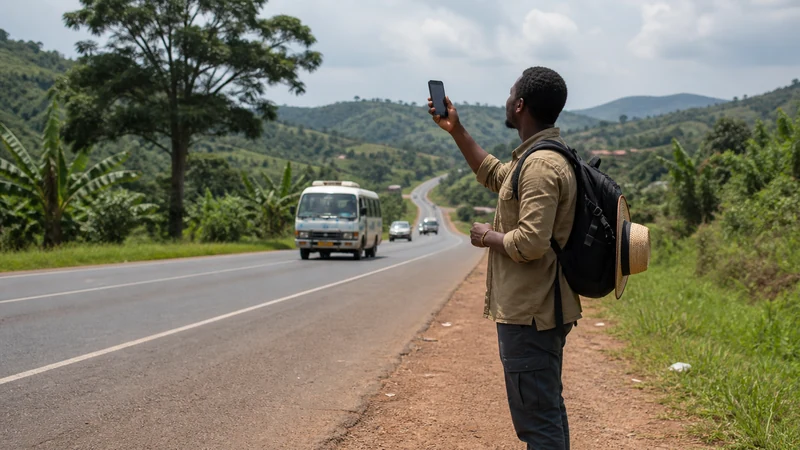 Traveller checking signal beside a Ugandan intercity road.