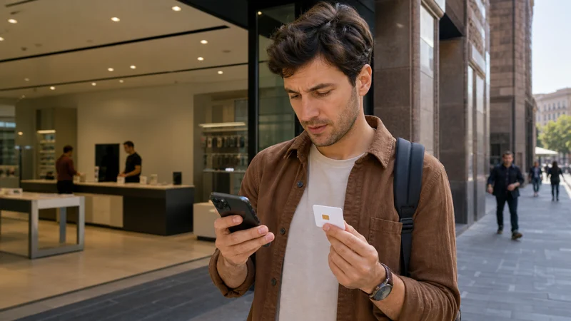 Traveller comparing mobile connectivity options near a Yerevan shop