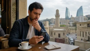 Traveller considering mobile connectivity at a Baku cafe